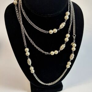 Necklace Silver Tone Captive Pearl Extra Long Statement Signed Sarah Coventry